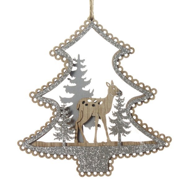 Χριστουγεννιάτικο Κρεμαστό Ξύλινο Δεντράκι, με Ελάφι (14cm)
